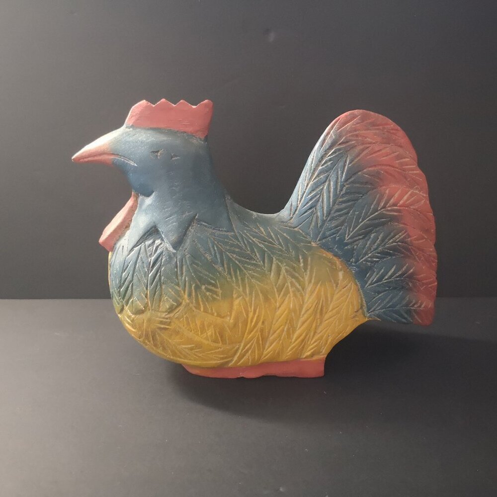 Folk Art Hand Painted Hand Carved Wooden Multi Colored Sitting Rooster
